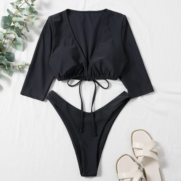 

Knot Front High Cut Bikini Swimsuit, Black