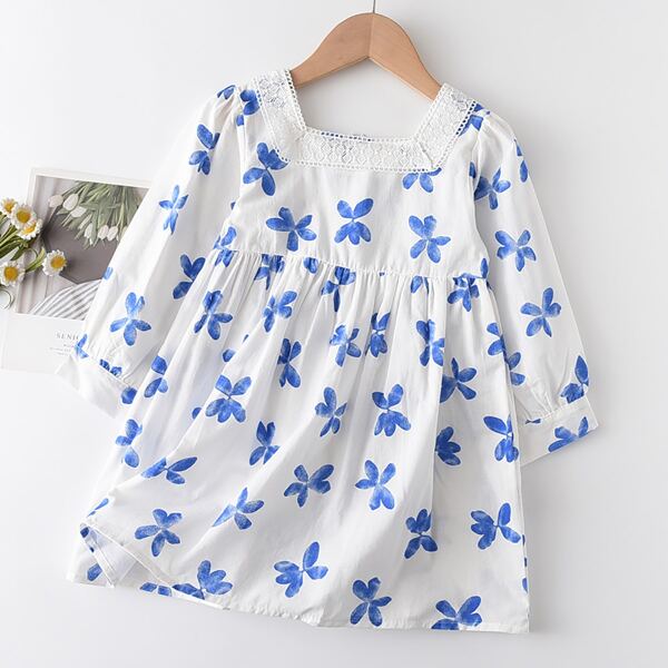 

Toddler Girls Lace Panel Floral Print Smock Dress, Blue and white