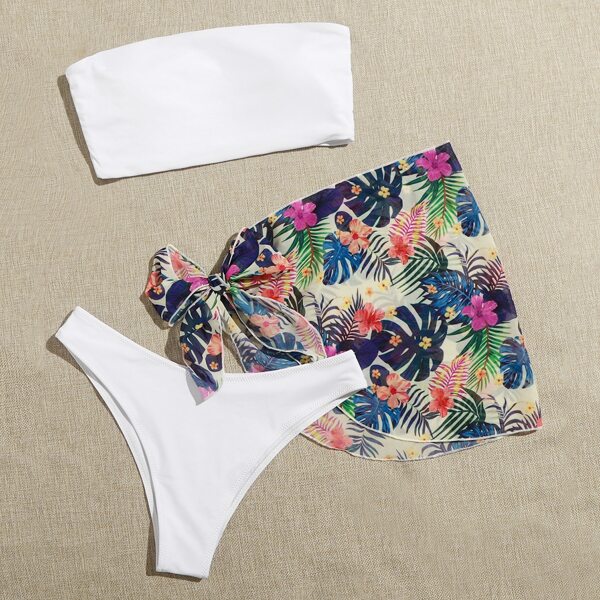 

3pack Bandeau Bikini Swimsuit & Tropical Beach Skirt, Multicolor