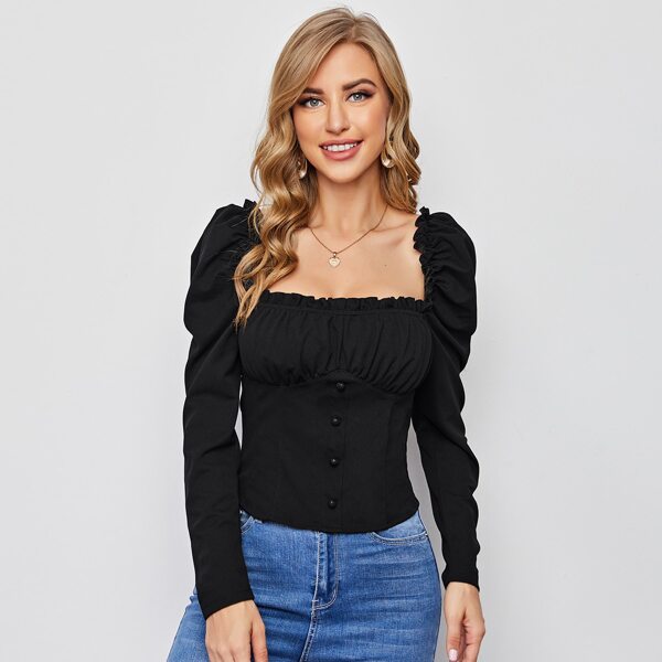 

Square Neck Gigot Sleeve Frill Detail Top, Black