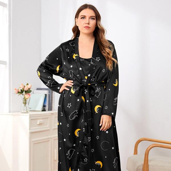 

Plus Satin Galaxy Print Belted Pajama Set, Black