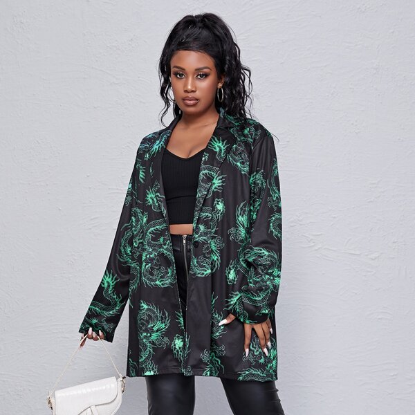 

Plus Chinese Dragon Single Button Blazer, Black