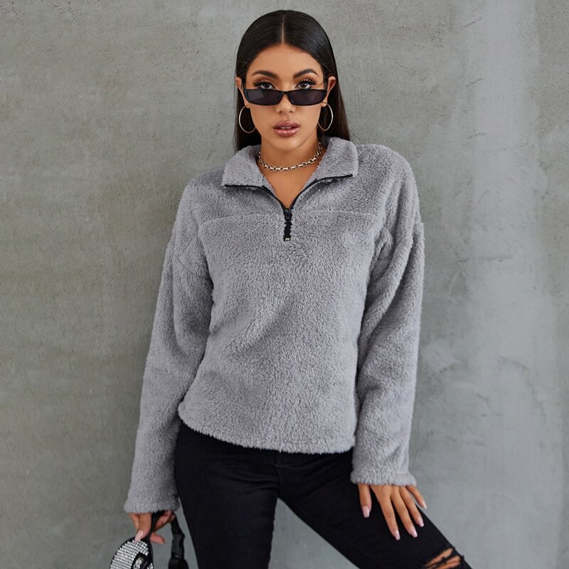 

Drop Shoulder Zip Half Placket Teddy Sweatshirt, Grey