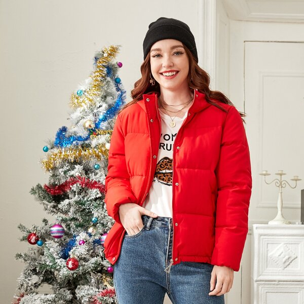 

Solid Zip Up Hooded Puffer Coat, Red bright