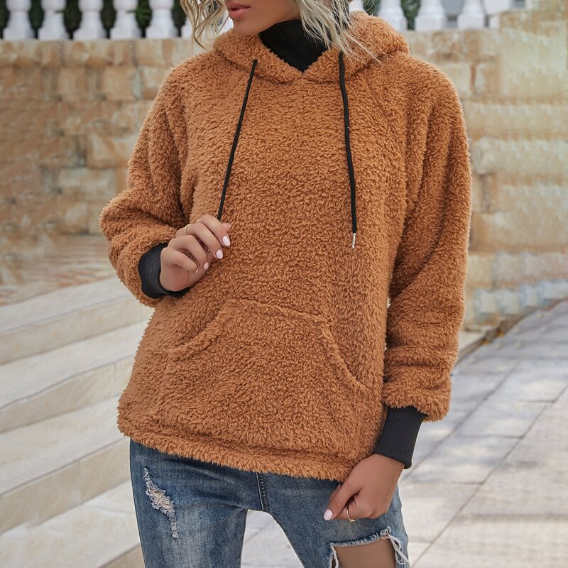

Kangaroo Pocket Drawstring Teddy Hoodie, Ginger