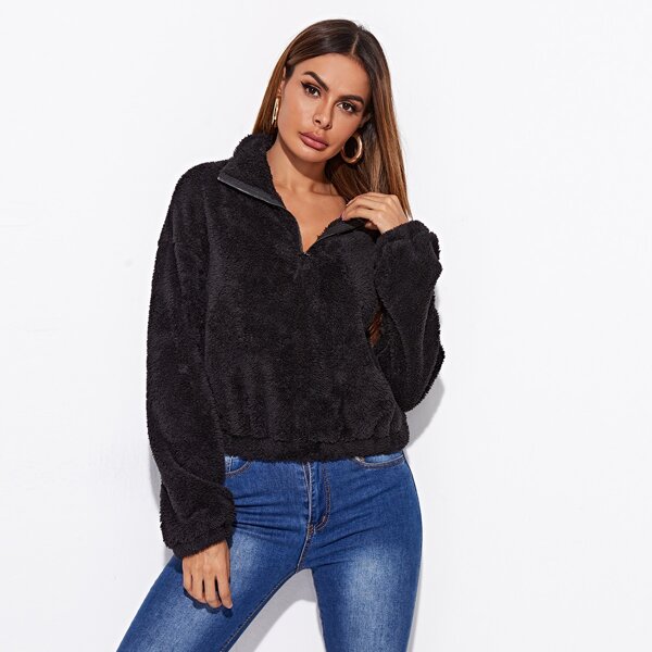 

Collared Zip Up Teddy Sweatshirt, Black