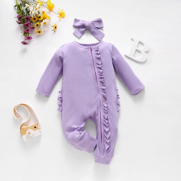 

Baby Girl Zipper Frill Rib-knit Jumpsuit With Headband, Lilac purple