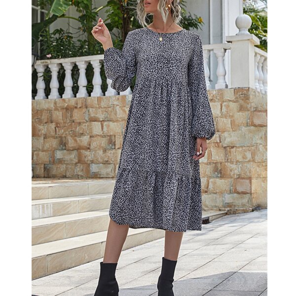 

Leopard Bishop Sleeve Smock Dress, Multicolor