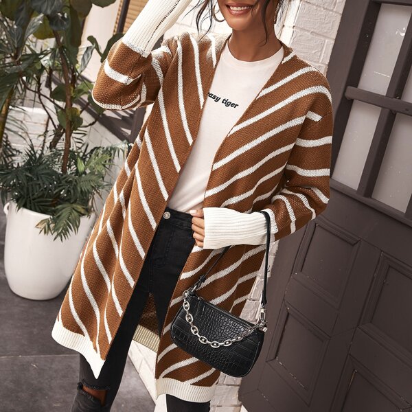 

Open Front Striped Cardigan, Brown