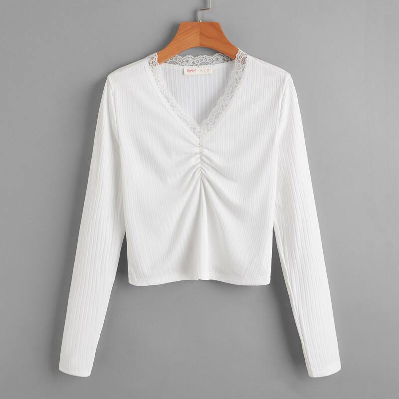 

Solid Contrast Lace Tee, White