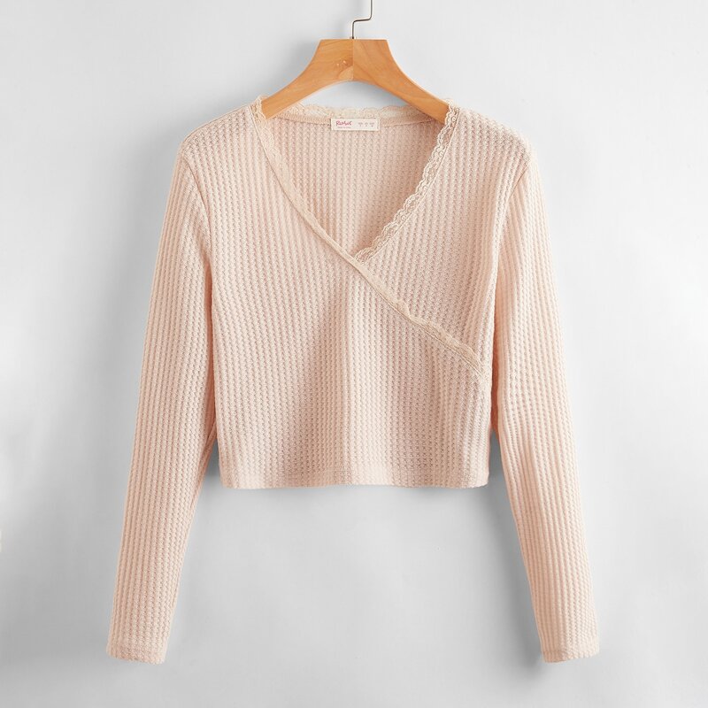 

Contrast Lace Wrap Crop Sweater, Beige