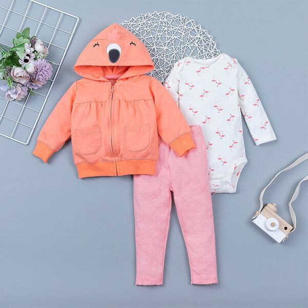 

Baby Girl Zipper Up Hooded Jacket & Striped Pants & Flamingo Bodysuit, Multicolor