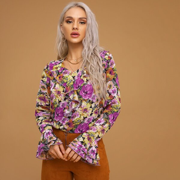 

Allover Floral Print Ruffle Blouse, Multicolor