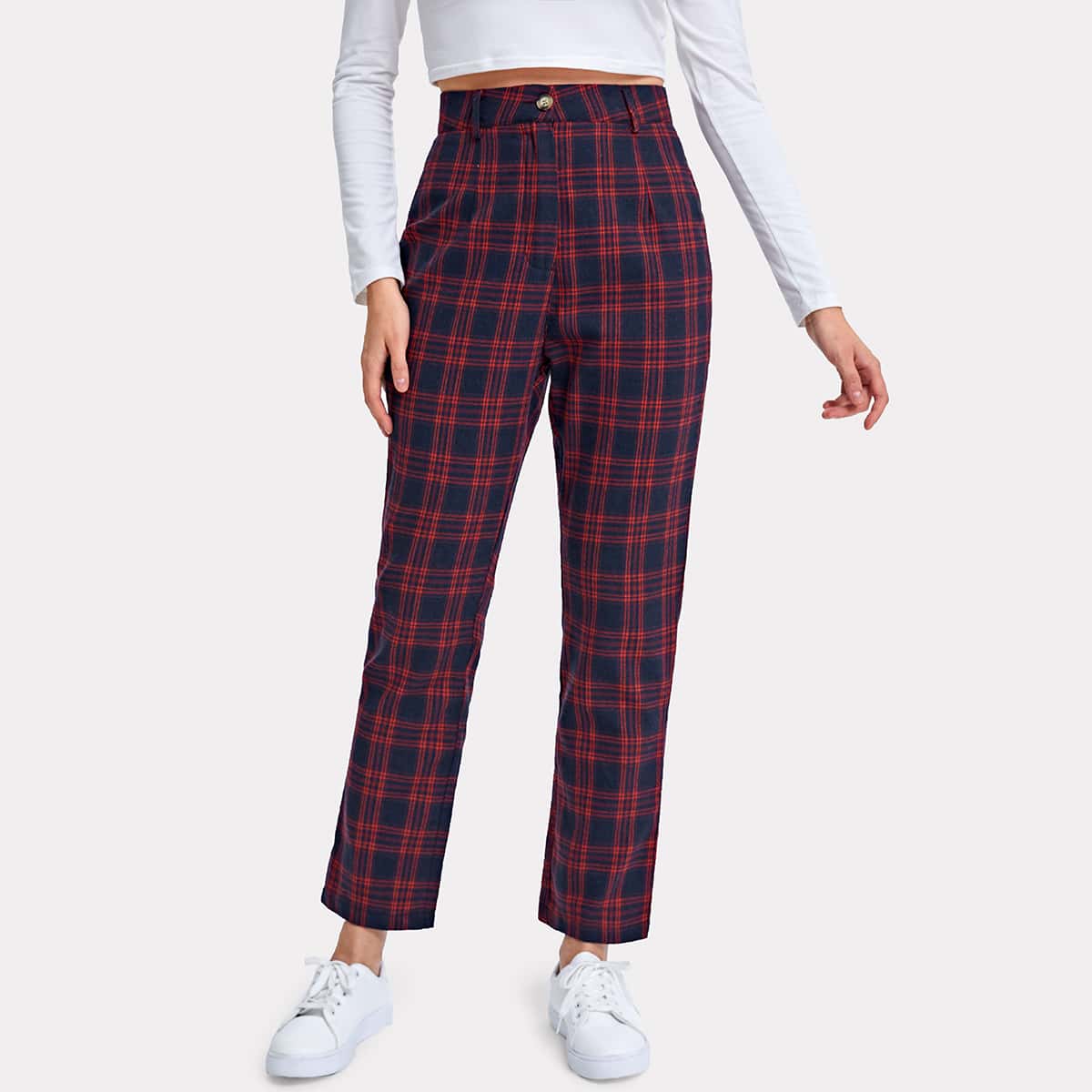 

Button Fly Plaid Pants, Multicolor