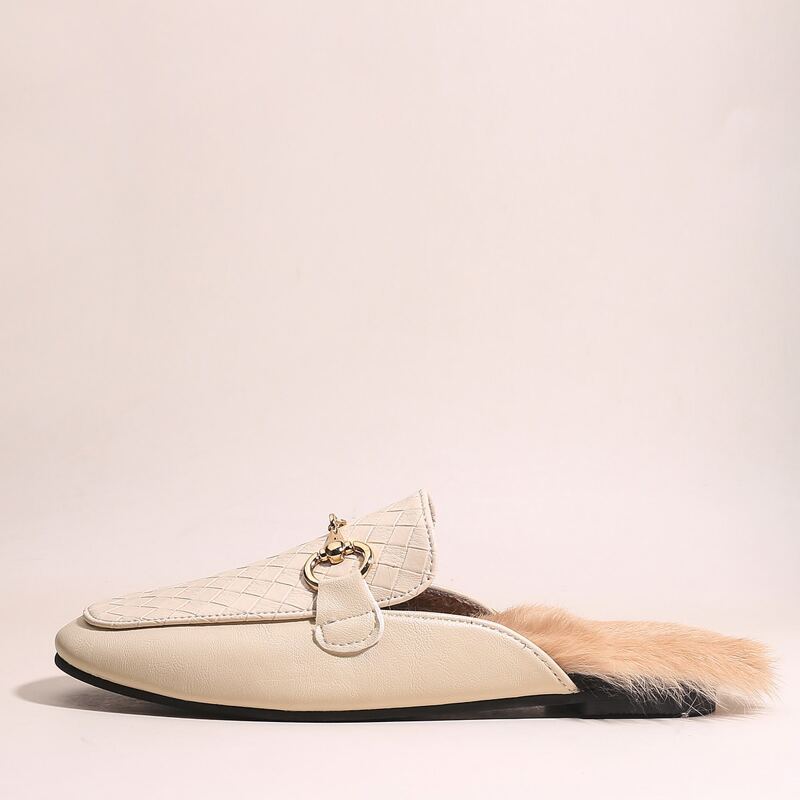 

Metal Decor Braided Flat Mules, Beige