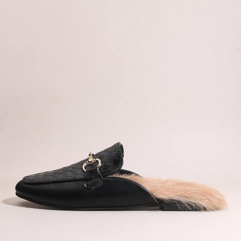 

Metal Decor Braided Flat Mules, Black