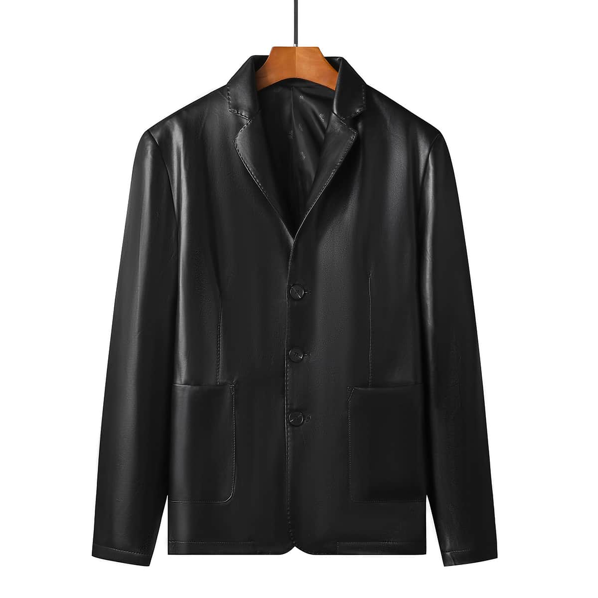 

Guys Button Front Lapel Collar PU Leather Blazer, Black