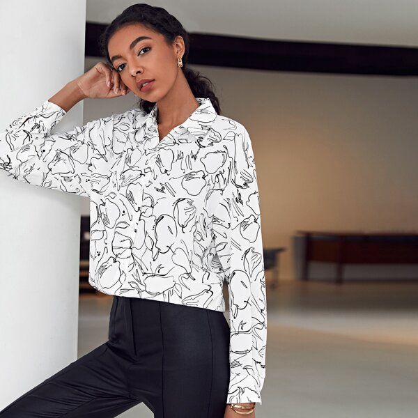 

Single Breasted Allover Print Blouse, White