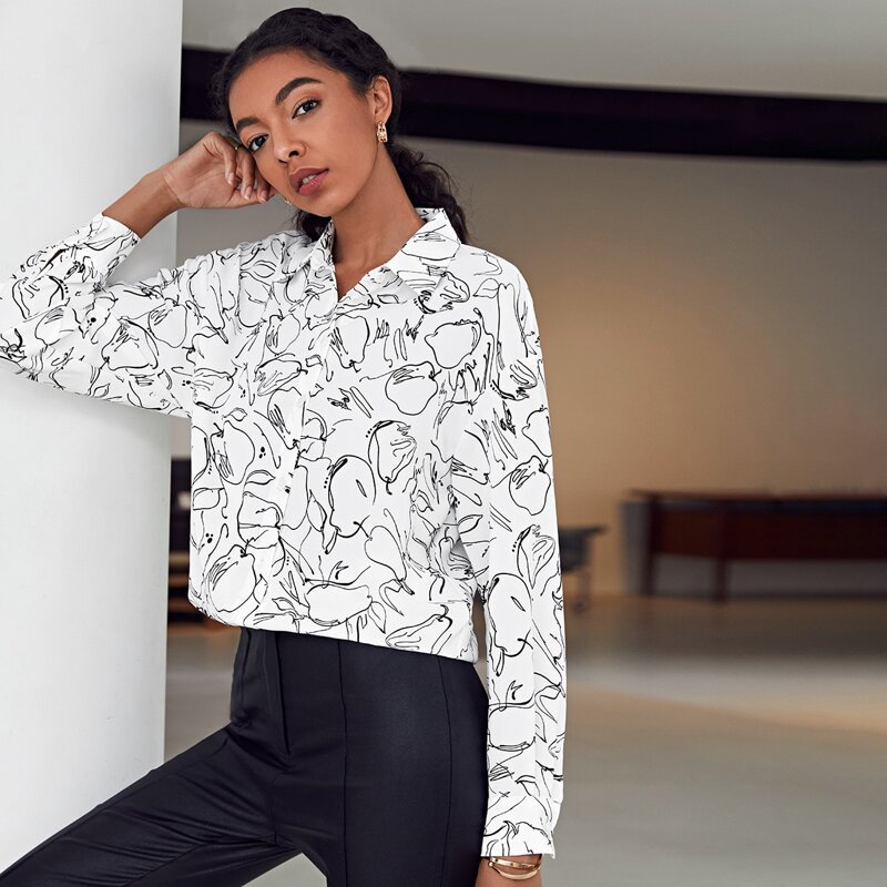 

Single Breasted Allover Print Blouse, White