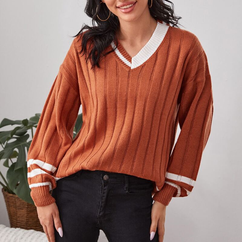 

Drop Shoulder Striped Sweater, Burnt orange