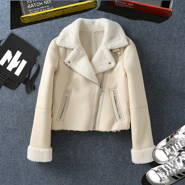 

PU Leather Zip Detail Sherpa Lined Moto Jacket, Beige