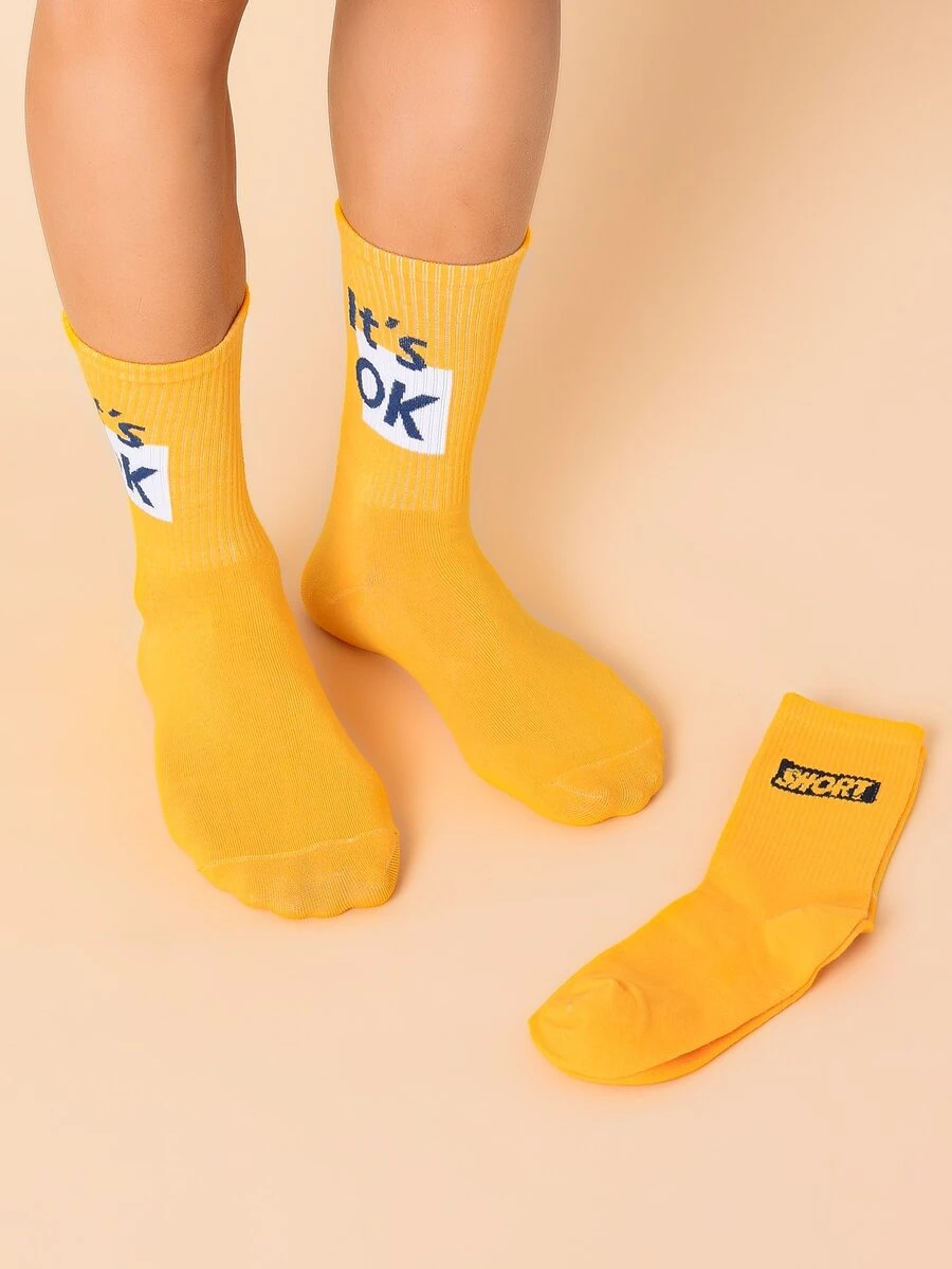 2pairs Men Slogan Graphic Socks - Yellow - View 1