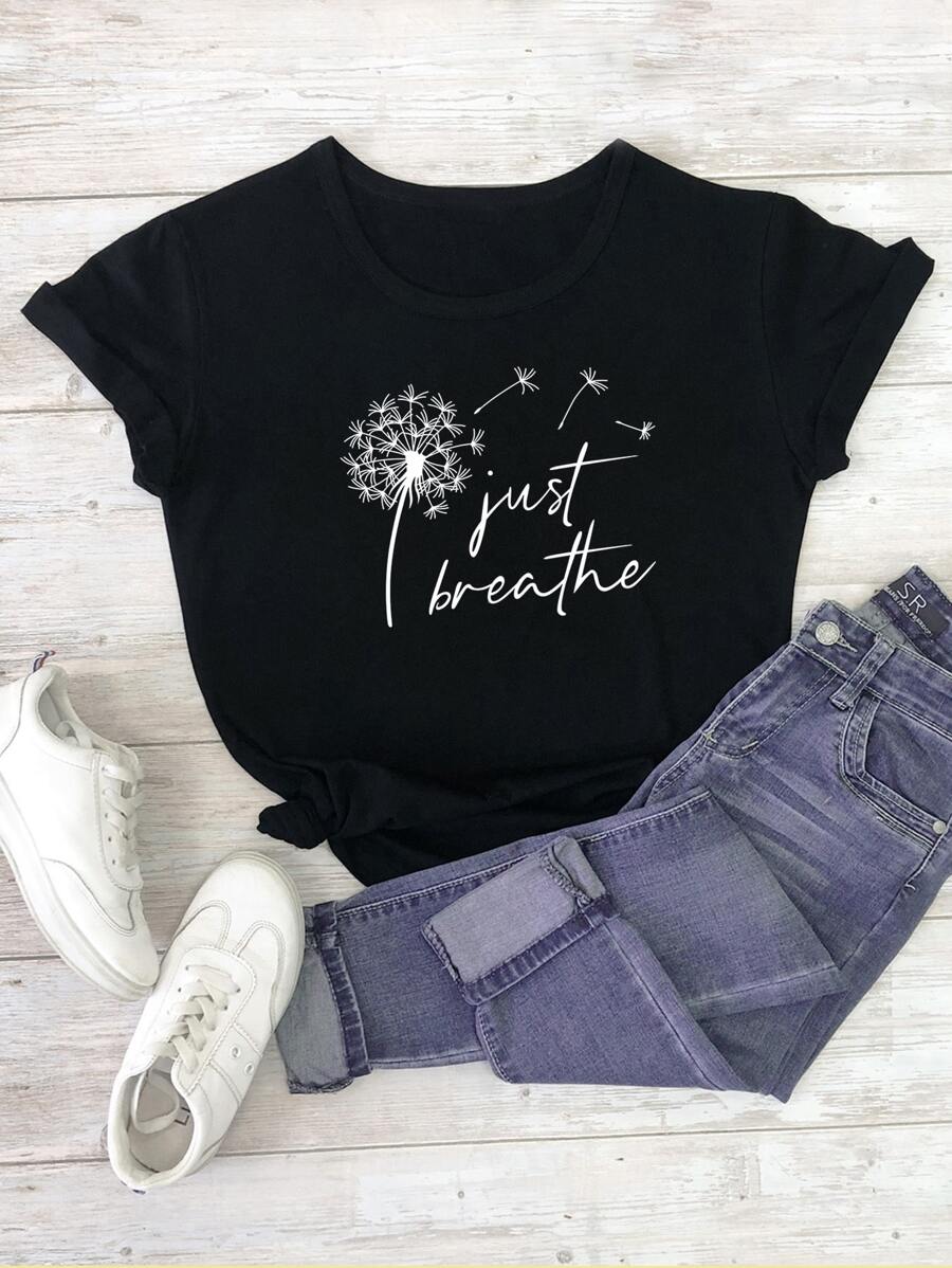 SHEIN LUNE Plus Dandelion And Slogan Graphic Tee - Black - View 1