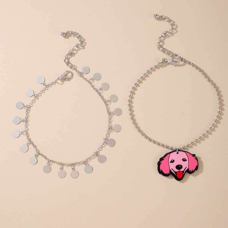 

2pcs Cartoon Dog & Disc Anklet, Silver