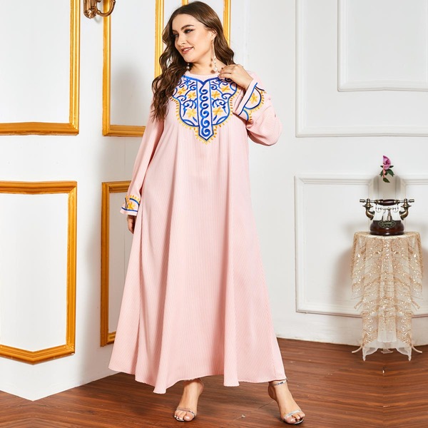 

Plus Floral Embroidery Striped Tunic Dress, Baby pink