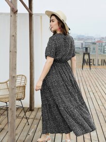 Mulvari Váy xòe xếp nếp họa tiết hoa cỡ lớn cho mùa hè - màu đen - Xem 2