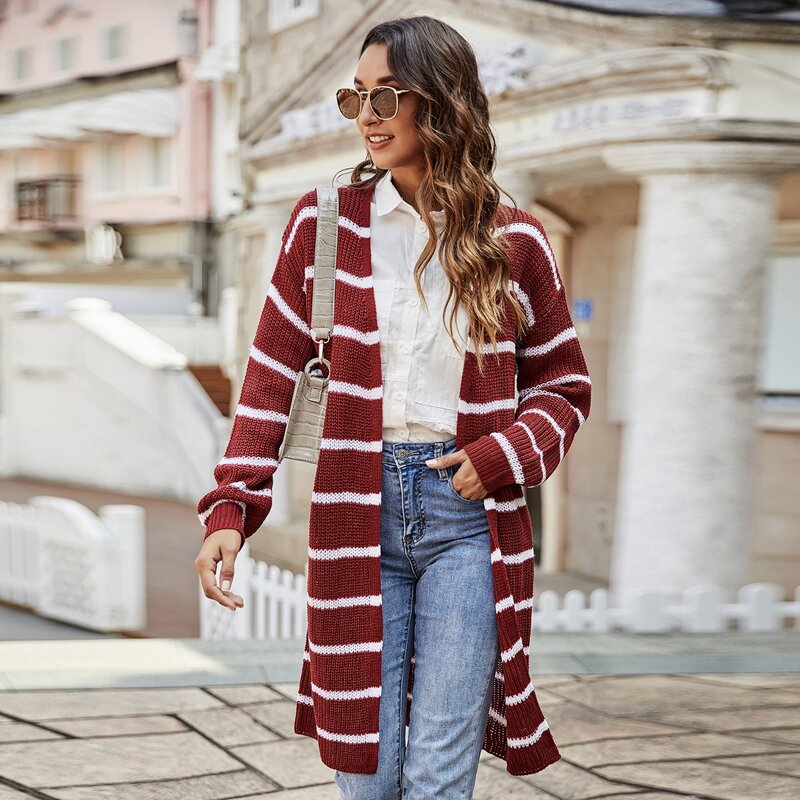 

Striped Drop Shoulder Open Front Cardigan, Burgundy