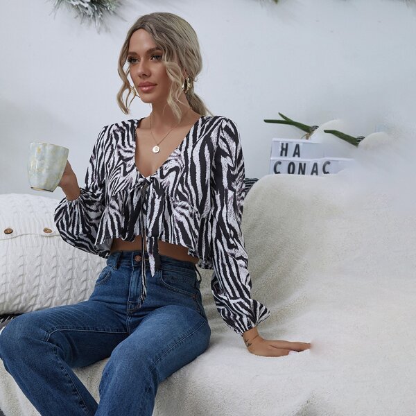 

Tie Front Zebra Stripe Ruffle Hem Top, Black and white