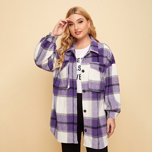

Plus Plaid Drop Shoulder Button Front Coat, Multicolor