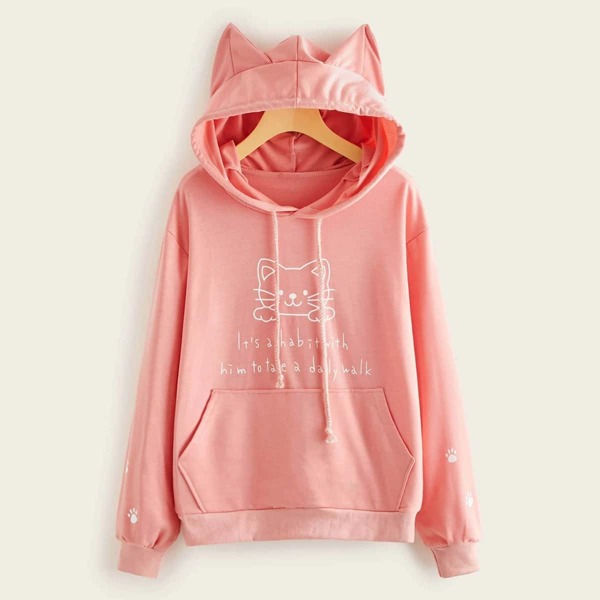 

Plus 3D Ear Design Cartoon & Slogan Graphic Hoodie, Pink