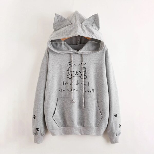 

Plus 3D Ear Design Cartoon & Slogan Graphic Hoodie, Light grey
