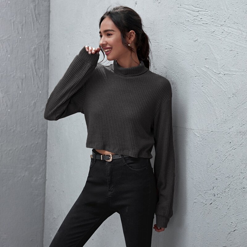 

Drop Shoulder Waffle Knit Crop Top, Dark grey