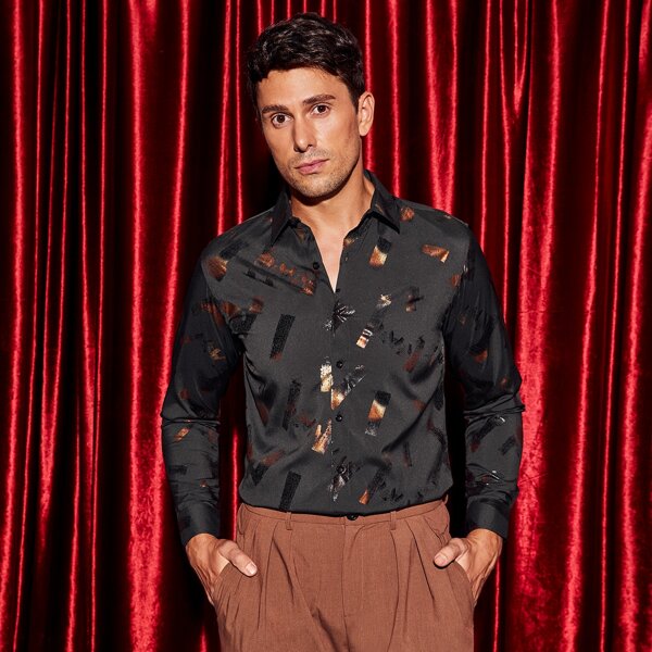 

Men Allover Print Button Up Shirt, Black