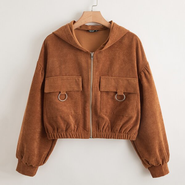 

Plus O-ring Flap Pocket Corduroy Hooded Jacket, Brown