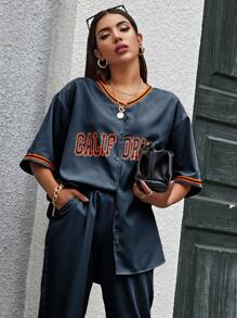 SHEIN Frenchy Letter Graphic Striped Tape Detail Blouse - Navy Blue - View 1