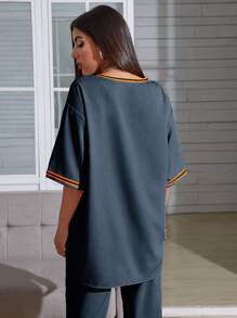 SHEIN Frenchy Letter Graphic Striped Tape Detail Blouse - Navy Blue - View 2