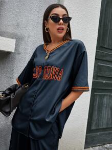 SHEIN Frenchy Letter Graphic Striped Tape Detail Blouse - Navy Blue - View 3