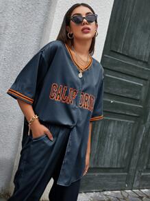 SHEIN Frenchy Letter Graphic Striped Tape Detail Blouse - Navy Blue - View 4