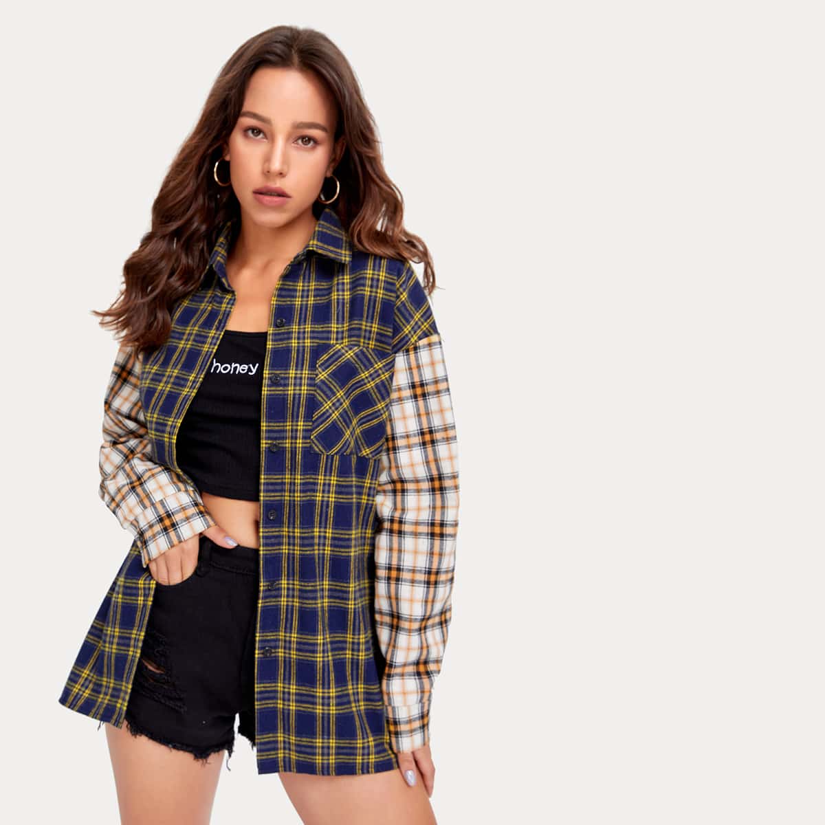 

Pocket Front Plaid Overshirt, Multicolor