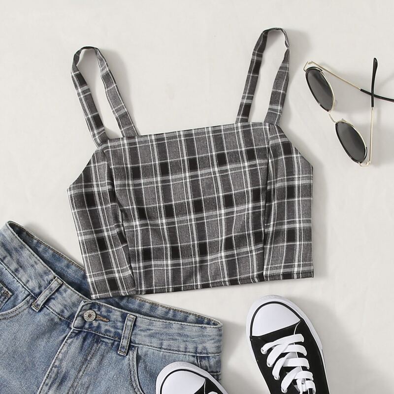 

Plaid Shirred Crop Cami Top, Grey