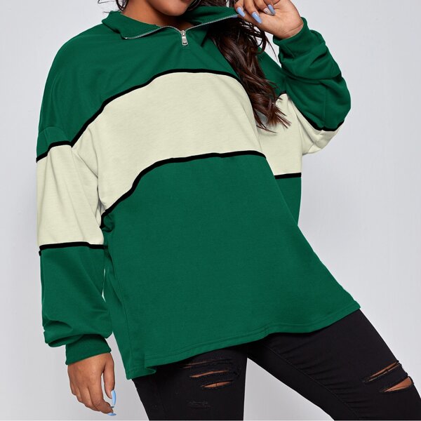 

Plus Striped Panel Half-Zip Oversized Sweatshirt, Multicolor