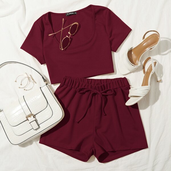 

Plus Rib-knit Crop Tee With Knot Front Track Shorts, Maroon