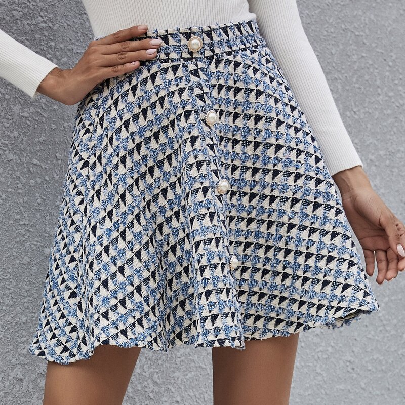 

Tweed Geo Pattern Button Front Skirt, Multicolor