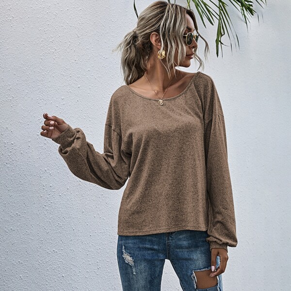 

V-cut Twist Back Drop Shoulder Tee, Mocha brown