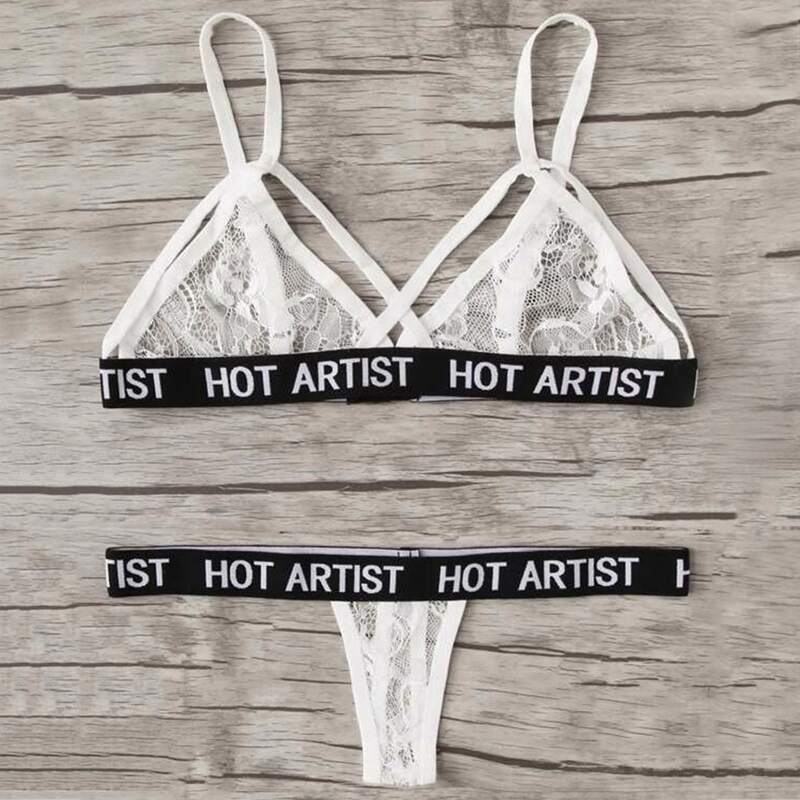 

Letter Tape Trim Harness Lingerie Set, White