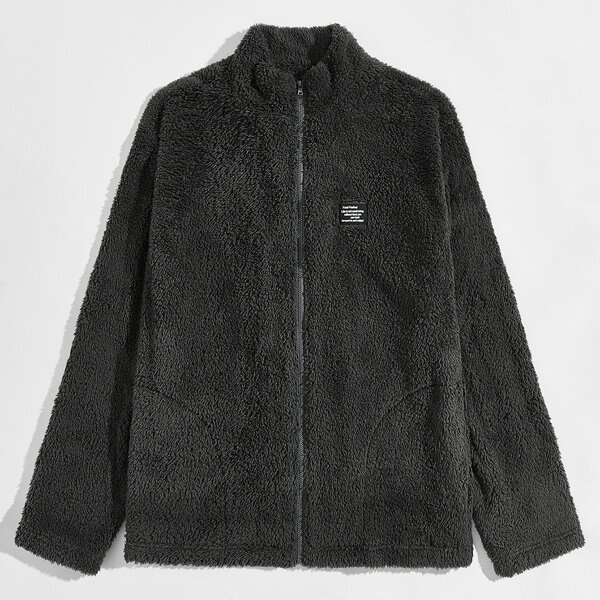 

Men Patch Detail Teddy Jacket, Dark grey